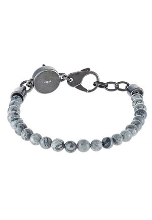 Bracelet de perles marbrées noires et grises avec fermoir mousqueton en acier noir et étiquette circulaire gravée "STEEL."