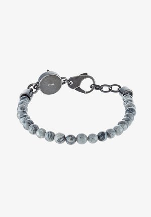 Bracelet de perles marbrées noires et grises avec fermoir mousqueton en acier noir et étiquette circulaire gravée "STEEL."