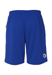 Blauwe sportshorts van lichtgewicht stof. Beschikt over een elastische tailleband en een logo gedrukt op het onderste rechterbeen. Soepele textuur.