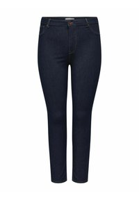 Blugi skinny din denim bleumarin închis, cu cinci buzunare, închidere cu un buton în față și cusături alb-crem pe săgeți. Textură netedă.