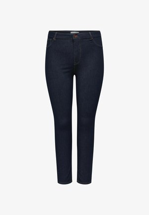 Wąskie dżinsy w ciemnoniebieskim denimmie, z pięcioma kieszeniami, z przodem zapinanym na guzik oraz off-white szwami. Gładka tekstura.