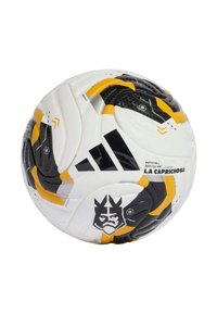 White soccer ball with black and yellow accents, featuring a textured surface, logo design, and recognizable panel pattern.