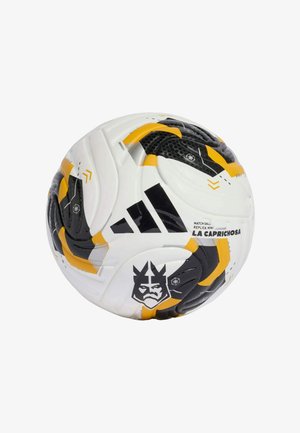 White soccer ball with black and yellow accents, featuring a textured surface, logo design, and recognizable panel pattern.