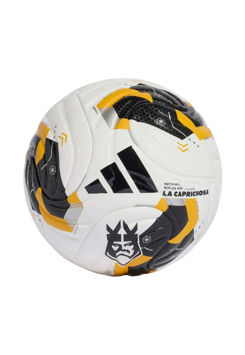 White soccer ball with black and yellow accents, featuring a textured surface, logo design, and recognizable panel pattern.