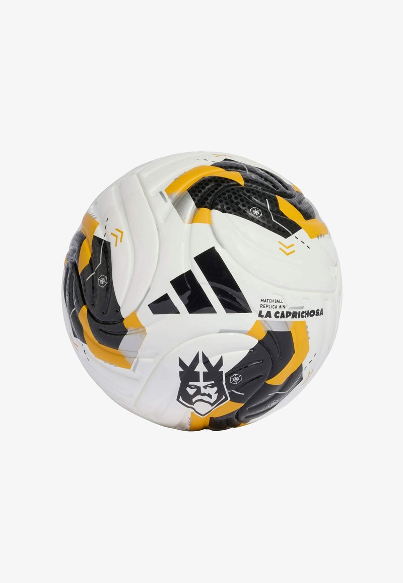 White soccer ball with black and yellow accents, featuring a textured surface, logo design, and recognizable panel pattern.