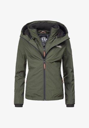 Olajzöld kapucnis outdoor dzseki fekete béléssel, elülső cipzárral, cipzáras oldalzsebekkel és Mountain logóval a bal mellrészen.