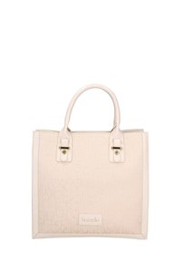 Borsa beige con design del logo testurizzato, doppi manici e hardware dorato. Forma squadrata e struttura rigida, che mette in evidenza una finitura morbida.