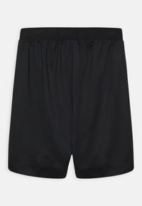 Schwarze Shorts aus weichem Stoff, mit einem elastischen Bund und lockerer Passform. Glatte Textur ohne sichtbare Muster oder Beschläge.