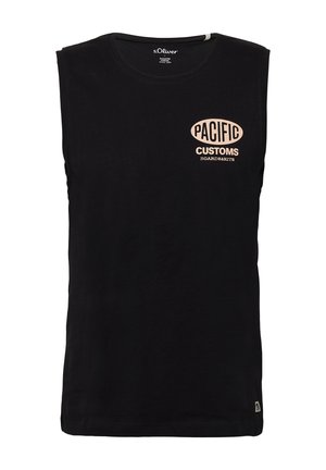 Black sleeveless T-shirt with a crew neck, featuring a light beige graphic logo reading "PACIFIC CUSTOMS BOARDS&KITS" on the front.