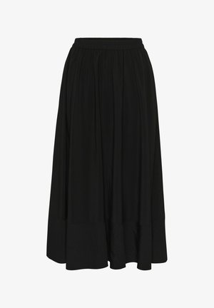 Gonna maxi nera con vita elasticizzata, tessuto morbido e una sottile texture, caratterizzata da un design arricciato e un orlo liscio.