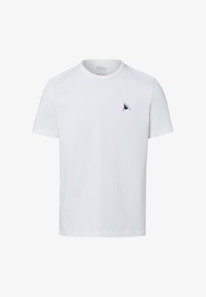 White cotton t-shirt with a round neckline and short sleeves. Features a small, colorful embroidered design on the left chest.