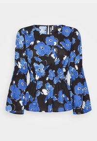 Black blouse featuring a floral pattern in shades of blue and white, with long bell sleeves and an elasticized waist for a fitted shape.