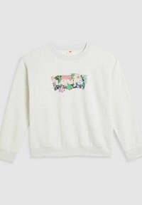 Sweatshirt gris à manches longues et col rond. Présente un graphique floral "Levi's" sur le devant. Texture douce et coupe décontractée.
