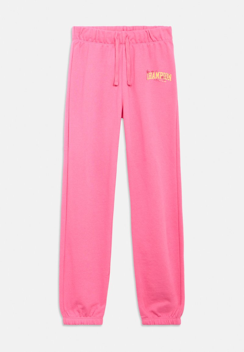Ροζ παντελόνι φόρμας με ρυθμιζόμενο κορδόνι στη μέση, ελαστικές μανσέτες και μικρό λογότυπο "Champion" σε κίτρινο στο αριστερό μηρό. Μαλακή υφή υφάσματος.