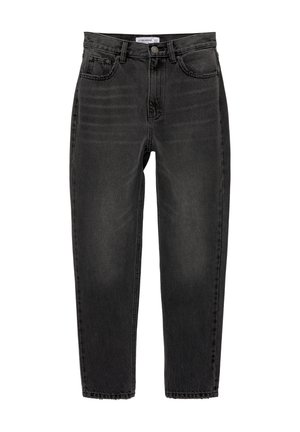 Zwarte denim jeans met een recht model, vijf zakken en subtiele vervaging. Kenmerken zijn een traditionele knoopsluiting en gestikte naden.