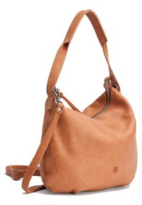 Tan leather shoulder bag with a curved shape, top zipper closure, adjustable strap, and subtle brand logo embossed on the side.