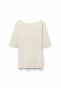 Cremefarvet, kortærmet t-shirt med bred halsudskæring og løs pasform. Blødt stof med glat tekstur og ingen synlige mønstre eller accenter.