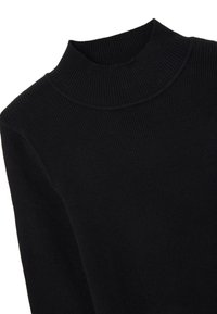 Pull en maille côtelée noir avec un design ajusté. Fabriqué en matériau doux, avec un col haut et un motif texturé sur l'ensemble.