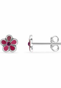 Rosa blommiga studs med en central rosa ädelsten, silvermetallkant och blanka emaljblad. Rund baksidan ger en säker passform.