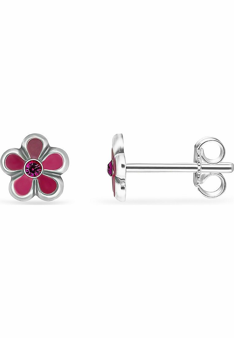 Rosa blommiga studs med en central rosa ädelsten, silvermetallkant och blanka emaljblad. Rund baksidan ger en säker passform.