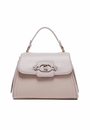 Licht beige leren handtas met bovenhandvat en decoratieve voorklep met een rechthoekige sluiting en gestikte details.