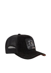 Gorra de béisbol negra con parte frontal de tela texturizada, laterales de malla y un parche con un diseño de pantera adornado con cristales y acentos naranjas.