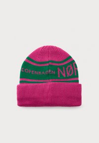 Bright pink knit beanie with folded brim, green band displaying "Copenhagen" and partially visible "Nør", flat on a white background.