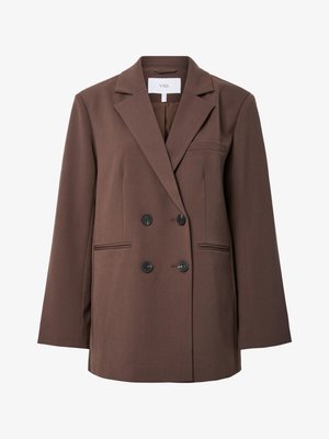 Rjavo dvopesrno srajčno z zarejenim ovratnikom, dvema sprednjima žepoma in črnimi gumbi. Izdelano iz teksturirane tkanine, z ohlapno prileganjem.