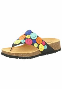 Applicazioni di tessuto circolari multicolori su un sandalo nero stile infradito con una soletta in sughero e una suola in gomma testurizzata.