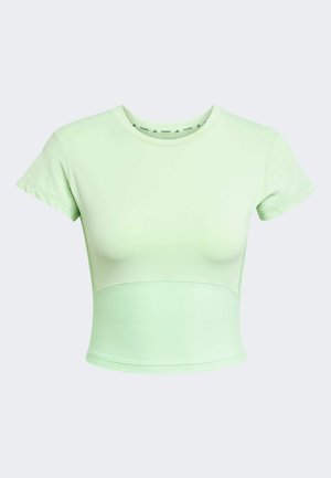 Top corto fitted verde chiaro con maniche corte, texture a costine in vita e scollatura rotonda. Presenta un sottile logo del marchio.