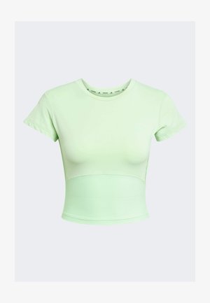 Light green, fitted crop top with short sleeves, ribbed texture at the waist, and a round neckline. Features a subtle brand logo.