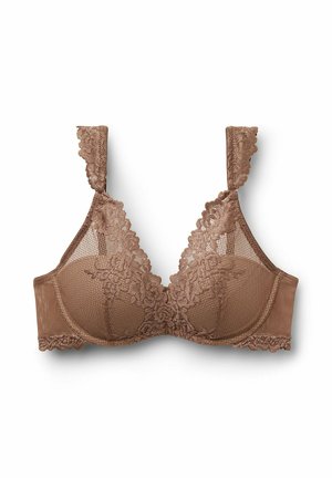 Blonde bh i en mellembrun tone, med teksturerede skåle, blomsterdetailed lace og brede justerbare stropper med bølgede kanter.