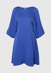 Vestido corto azul con escote redondo, mangas abullonadas fruncidas y un escote en forma de llave en la parte posterior. Tela suave con una silueta acampanada.