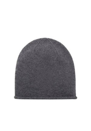 Cuffia grigia in maglia, realizzata in morbida lana, con corona arrotondata e vestibilità aderente. La texture è liscia con un sottile motivo a coste nella parte inferiore.