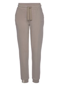 Szare dresy wykonane z miękkiego materiału, z elastycznym pasem z troczkiem, ściągaczami na końcach nogawek oraz dyskretnym logo z boku.