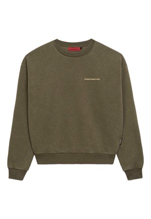 Khaki-grüner Sweatshirt aus Baumwolle. Mit Rundhalsausschnitt, gerippten Bündchen und Saum sowie dem goldenen "PROHIBITED"-Logo auf der Vorderseite.