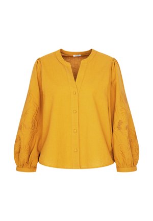 Mustard yellow blouse with a V-neck, button front, and embroidered floral patterns on puffed sleeves. Made of textured lightweight fabric.