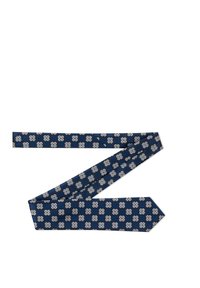 Granatowy krawat z geometrycznym wzorem kwiatowym w odcieniu szarości, wykonany z teksturowanej tkaniny. Krawat ma spiczasty koniec i równą szerokość.