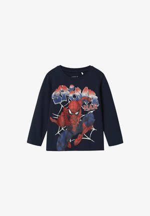 T-shirt à manches longues bleu marine avec un graphisme de Spider-Man rouge et bleu sur fond de toile. Fabriqué en coton doux.