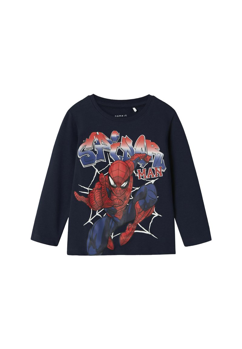 Granatowa koszulka z długim rękawem z grafiką Spider-Mana w czerwono-niebieskich kolorach na tle pajęczej sieci. Wykonana z miękkiej bawełny.