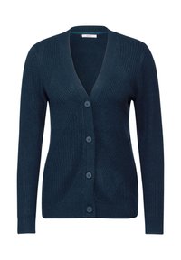 Marinblå ribbad cardigan med V-ringning, sex knappar framtill och långa ärmar med åtsittande manschetter. Mjuk textur med diagonala mönster.
