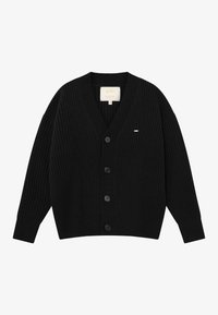 Černý žebrovaný cardigan s výstřihem do V, pěti velkými knoflíky a malým dekoračním logem na levé hrudi. Vyroben z texturovaného pleteného materiálu.