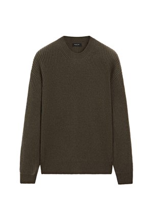 Maglione a coste verde oliva con maniche lunghe e scollatura a girocollo. Tessuto testurizzato; senza motivi o accessori. Vestibilità semplice e rilassata.