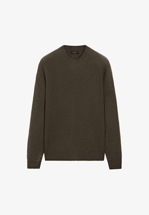 Olive green ribbed knit sweater with long sleeves and crew neckline. Textured fabric; no patterns or hardware. Simple, relaxed fit.