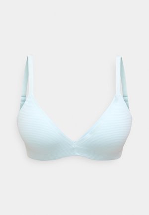 Hele sinine rinnahoidja vertikaalsete triipudega, kolmnurkse kujuga tasside ja reguleeritavate rihmadega, millel on sile tekstuur ja lihtne disain.