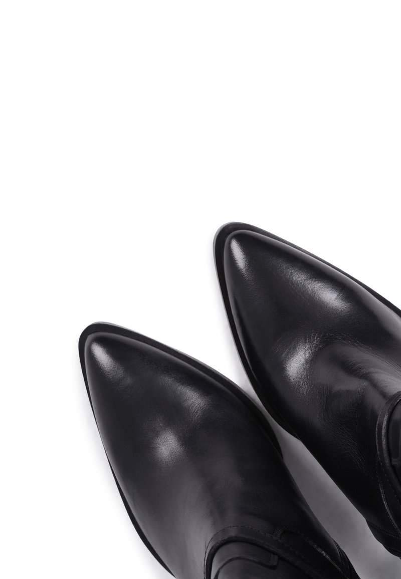 Schwarze Lederstiefeletten mit spitzem Zehendesign, glatter Textur, minimalen Nähten und ohne sichtbare Beschläge oder Verzierungen.