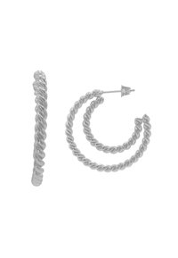 Orecchini a cerchio in argento con un design attorcigliato, dotati di una finitura lucida e chiusura a perno. Disponibili in due dimensioni: grande e piccola.