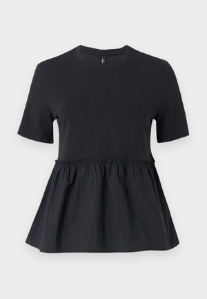 Μαύρη τοπ πεπλουμ με εφαρμοστό μπούστο και gathered μέση. Φτιαγμένο από απαλό βαμβάκι με λείο υλικό και κοντά μανίκια.