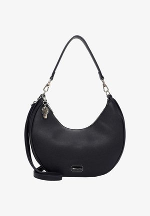 Czarna torba na ramię z eko-skóry o gładkiej fakturze, zaokrąglonym kształcie, krótkim uchwycie i odpinanym długim pasku. Srebrne okucia.