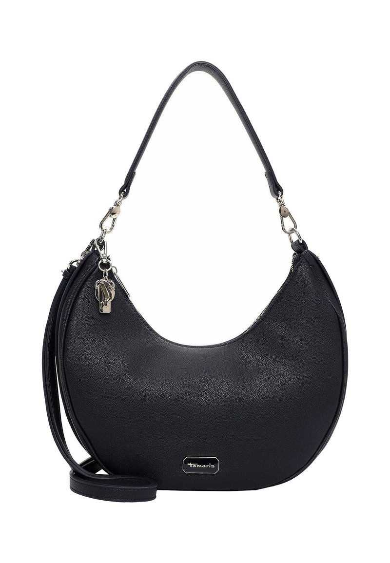 Sort skuldertaske i kunstlæder med en glat tekstur, afrundet form, kort håndtag og en aftagelig lang rem. Sølvfarvede metaldele som accent.